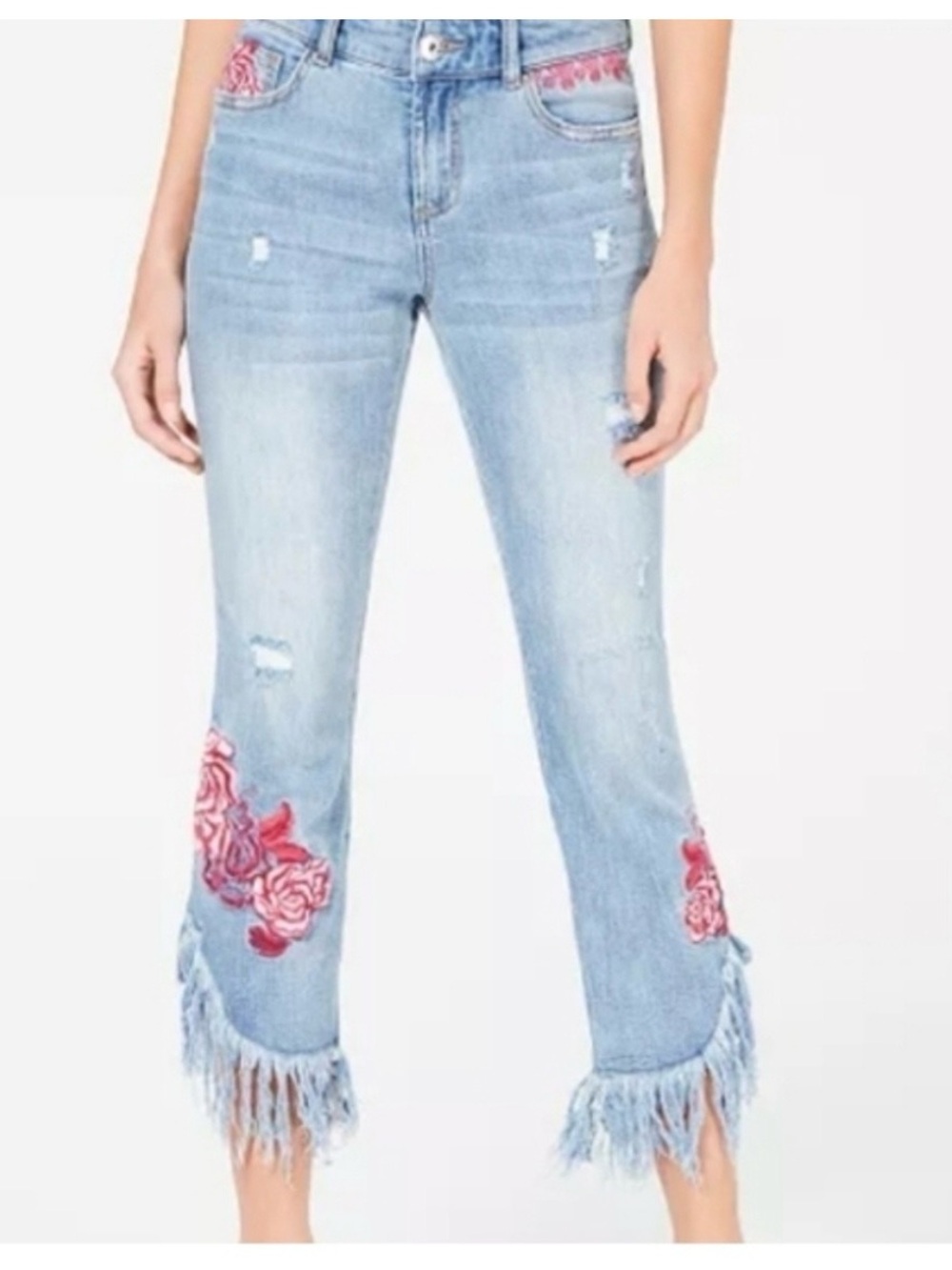 Light Wash Women's Cropped Fringe Jeans with Pink Rose Embroidery
